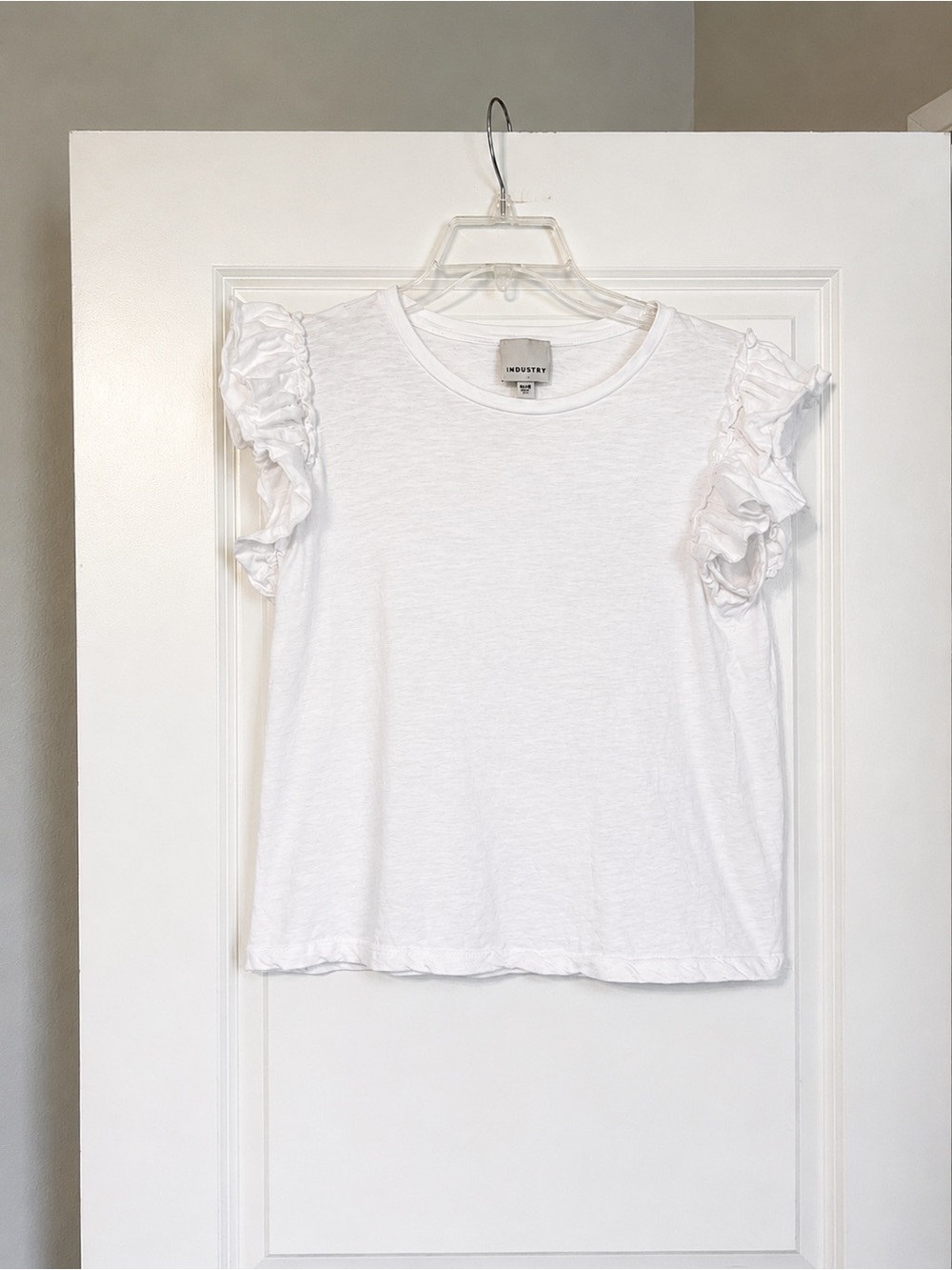 INDUSTRY White Crewneck Tee with ruffle sleeves